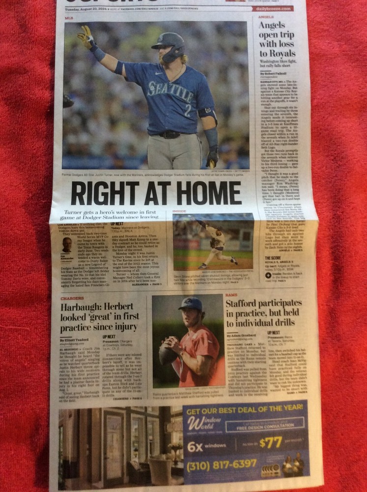 DAILY BREEZE SPORTS SECTION AUGUST 19 2024 DODGERS MARINERS JUSTIN TURNER